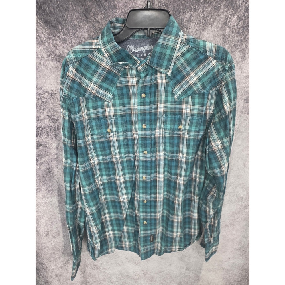 Wrangler Retro Western Shirt Mens Large Teal Blue Plaid Cowboy Rodeo Lumberjack